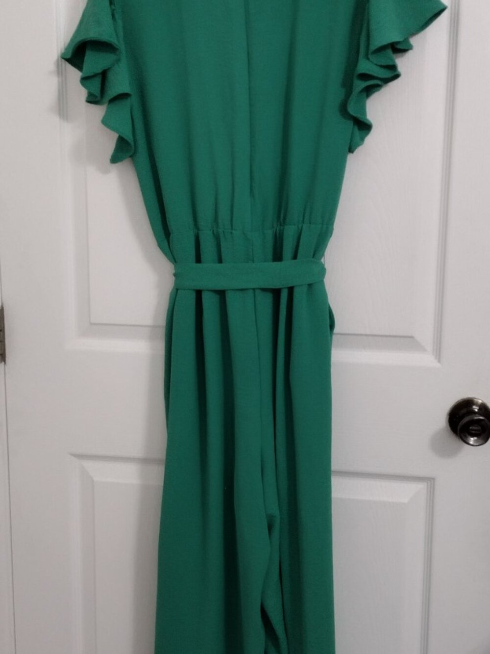 MSK Emerald Green Wide Leg Jumpsuit 1X Flutter Sleeve Belted Stretch Jumpsuit - Picture 8 of 11